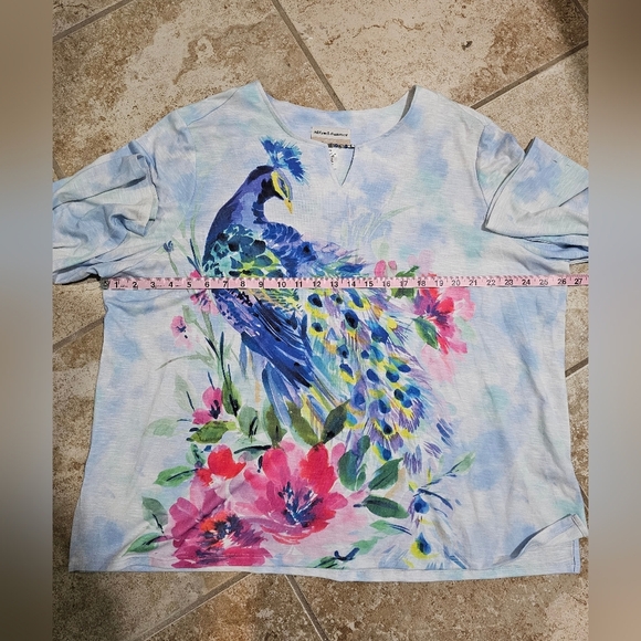 Alfred Dunner Woman 2X Blue Peacock Floral Watercolor Print 3/4 Sleeve Top - Picture 5 of 6